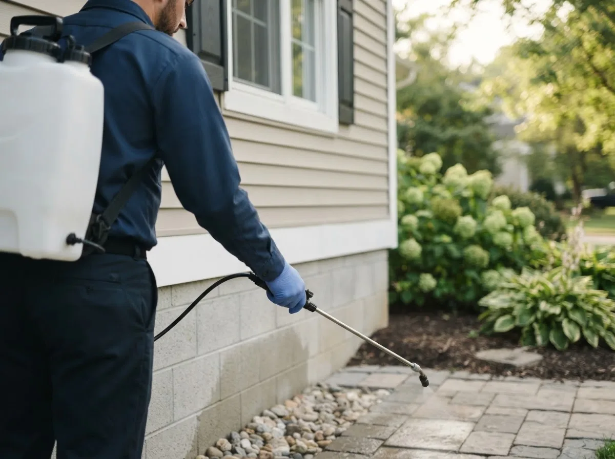 Pest control technician inspecting a home in Ney, OH